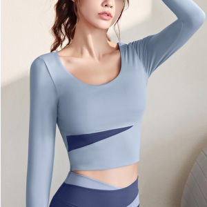 เสื้อยืดสำหรับวิ่งแขนยาวเสื้อกีฬาสีชุดโยคะฟิตเนสแบบสำหรับผู้หญิงเสื้อยืดสำหรับวิ่งเข้ารูปพอดียิม
