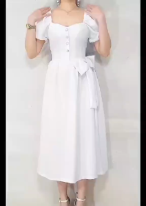LC Morgana Elegant Ribbon Midi Dress with Side Pocket Trendy Fashionable Classy Button Casual Formal Wear Fits Medium to Large Size Stretchable Bark Crepe Fabric Womenswear Lingerie Summer Basic