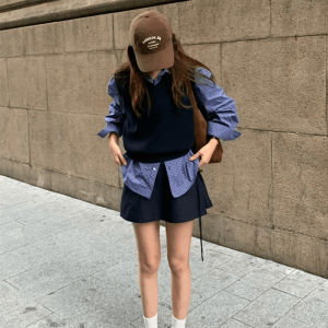 เสื้อเชิ้ตคอโปโลแขนยาวหลวมๆ สีฟ้าลายทางสำหรับผู้หญิง เสื้อเชิ้ตแฟชั่นฤดูใบไม้ร่วงแบบฝรั่งเศส เสื้อเชิ้ตทรงปกติ