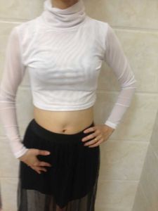 Elastic Mesh Base Shirt Half-length Long Sleeve Slim Fit Low round Neck Womens Top Fashionable Versatile Short Style Nylon Fabric