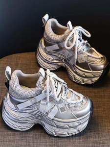 ZFCQ Hong Kong Genuine Leather Dad Shoes Womens Style Fall New Heightening Thick Bottom Silver Casual Shoes Low Top Lace-Up