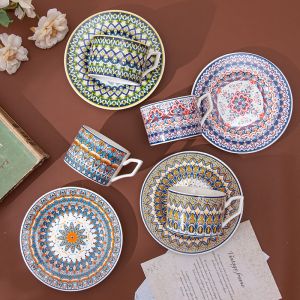 European style Ceramics 250ML Coffee Cup & Saucer Set Bohemian Style Breakfast Mug Gift Box