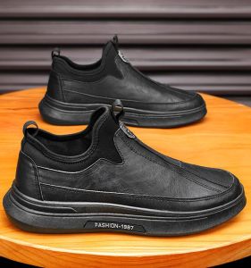 Mens 2024 New No-Tie Leather Shoes Full Black Spring Autumn Work Shoes Waterproof Anti-Slip Soft Bottom Sports Shoes