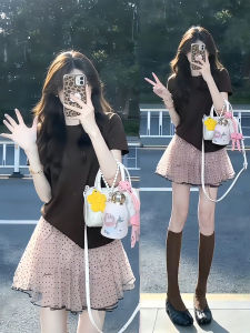 XUECAIQI | New Style Regular Shoulder T-Shirt with Polka Dot Mesh Skirt Set
