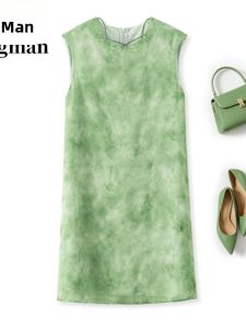 SANGMAN | Đầm Qipao Dáng Ngắn Không T Tay Màu Xanh Lục Đổ Dốc Phong Cách Quốc Gia Nhẹ
