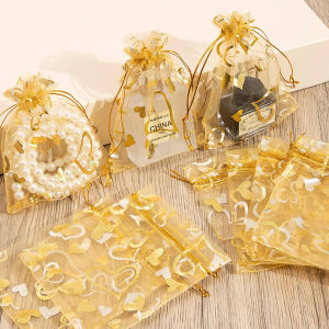 20/50pcs/lot Drawstring Organza Gift Bag Hot Gold Color Heart Print Pouches Wedding Party Candy Jewelry Packing