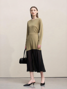 AMII | Boat Neck Patchwork Rayon Splice Pearl Decorated Dress