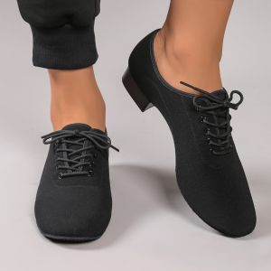 Mens black stretch fabric Latin dance shoes soft and comfortable with two-point soles also suitable as modern dance shoes