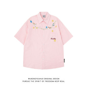 WUKONGYOUHUO | Summer Floral Embroidered Plaid Short Sleeve Shirt