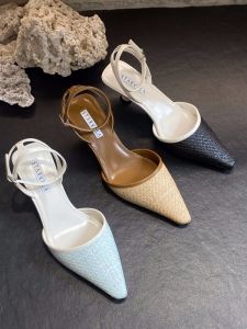 Womens Leather Woven Sandals Open Toe High Heels Roman Style Slip-On Anti-Slip Low Cut Fashionable All-Match Summer Shoes