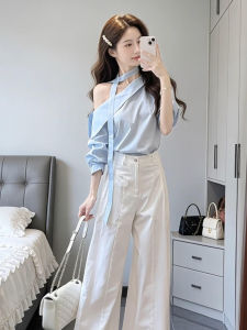 LIRUSHAN | French Blue Slanted Shoulder Blouse Autumn Design Office Wear