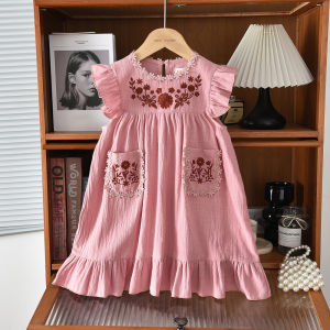 New Summer Lovely Pink Essential Floral Embroidery Round Neck Lace Pocket Sleeveless Dress for 3-7 Years Old Girls Daily Outfit