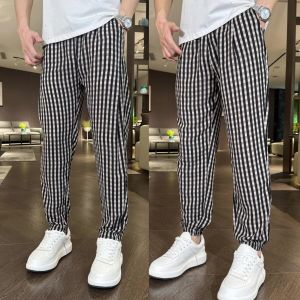 Summer Mens Ice Silk Quick Dry Stripe Casual Pants Fashionable Loose Breathable Slim Straight Long Trousers Youth Trendy