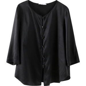 Miccbeirn | Elegant Black Silk Mulberry Silk Satin Retro Shirt Top New Chinese Style Luxury Lightweight Cardigan V-neck Seven-sleeve Regular-fit