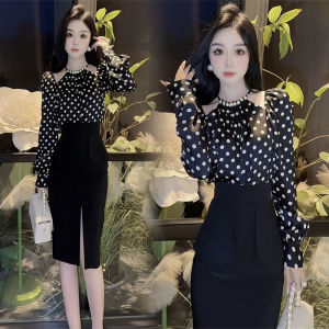French Elegant Polka Dot Long Sleeve Shoulder Bared Womens Set Dress High Waist Split Body Contouring Skirt Fashionable Spring New Style