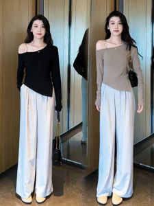 Autumn off-the-Shoulder Irregular Design Slim Fit Slimming Top + High Waist Loose Pants Elegant Slimming Two-Piece Suit Women