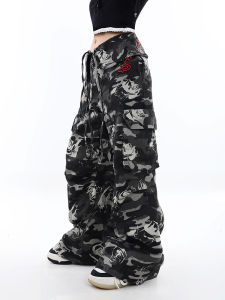 Casual Camouflage Denim Pants High Waist Wide Leg Workwear Trousers for Women LBPC Loose Fit Long Pants Cotton 100%