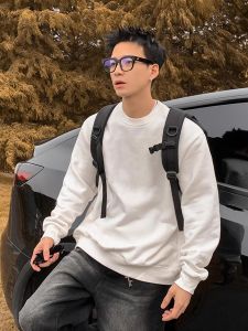 White Fleece Lined round Neck Sweatshirt Mens Heavyweight Comfortable Autumn Winter Thermal Base Layer Shirt Casual Style