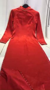 Bộ áo dài gấm tơ mềm 4 tà màu đỏ đính trai áo truyền thống mẫu mới đẹp