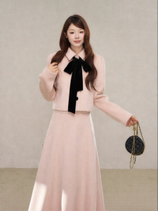YIKEXIAOYEMEI | Áo Khoác Ngắn Bông Phong Cách Tweed Màu Hồng Dễ Thương cho Nữ