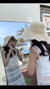 Lace Trim Knitting Straw Hat Large Brim Beach Hat Foldable Summer Breathable Topi Pantai Wanita 沙滩帽