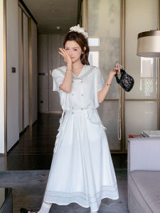 White Korean Style College Fashion Navy Collar Shirt And Skirt Set Women Summer New Sweet Slimming Half-length Two-piece Set