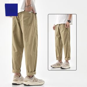 ROMON | Romon Mens Casual Cotton Pants Summer Thin Loose Straight Leg Sporty Khaki Ice Silk Long Trousers Fashionable Urban Style