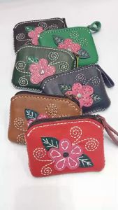 ดอกแก้ว (2) - กระเป๋าใส่เหรียญ 3.5x4.5 นิ้ว หนังวัวแท้ 100% ใส่ธนบัตร บัตร เหรียญ ได้สบายๆ