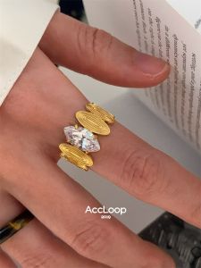 Ultra-Shiny Oval Diamond Open Ring Accloop Titanium Steel Plated 18K Gold Frosted High-End Feeling Zirconia Fashion Jewelry