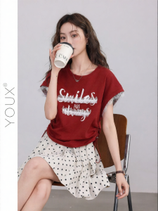 YOUXIANG | Áo Thun Lỗ Kết Hợp Ren