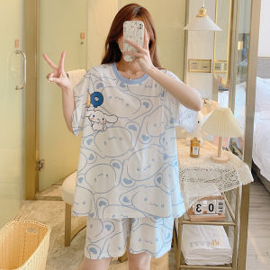 Large Size Womens Pyjamas 200lbs Pure Cotton Thin Summer Crewneck Short Sleeve Cartoon Printed Loose Fit Homewear Set for Plus Size Girls