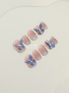 Handmade Wedding Nail Art Short Nails Elegance Style Blue Butterfly Design Wearable Nail Tips Chinese Brand Half Wave
