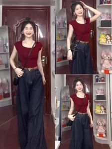 Red Knitted Ice Silk Square Collar Short Sleeve T-Shirt Womens Summer Unique Chic Unique Shoulder Short Sleeve Top Korean Style Slim Fit Pure Color