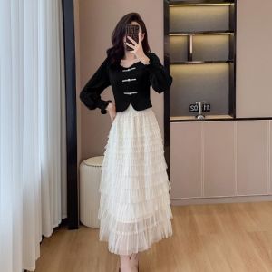 Elegant Chinese Style Luxury Skirt Set Womens Spring Autumn Fashionable Cake Half Skirt Stylish Two Piece Set Long Sleeve V Neck Button Closure