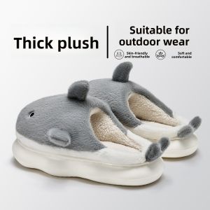 Mens Shark Cotton Slippers Indoor Home Cute Warm Couple Plush Slippers Outdoor Wear Comfortable Soft Velvet Surface EVA Sole