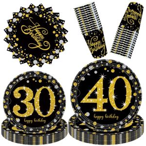 30th 40th 50th 60th Birthday Decorations Kit Black Gold Birthday Plates Napkin Cup Balloons Party Tableware Set for Celebration