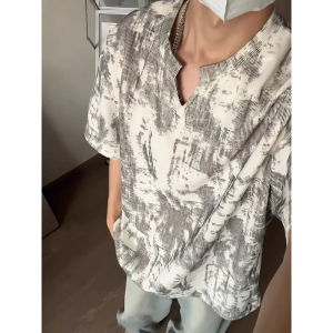 Retro American Tie Dye V Neck Short Sleeve Mens T Shirt Thin Oversize Loose Design Trendy Half Sleeve Summer Breathable