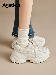 Agsdon Genuine Leather Dad Shoes Womens Winter New Fleece Surface Sports Casual Shoes Lightweight Soft Bottom White Shoes