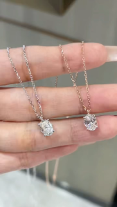 QUEENSUN 18K gold cultivated diamond shaped single diamond pendant with Oval diamond necklace for women椭圆形钻石项链