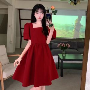 Summer New plus Size Red Wedding Dress Womens Midi Skirt with Bubble Sleeve Princess Style Zipper Closure A-Line Dress