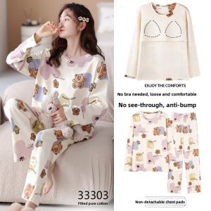 miiow | Catwoman Pure Cotton Long Sleeve Sleepwear Womens Spring Autumn Cute Sweet Set With Chest Pad Home Clothes Comfortable Breathable