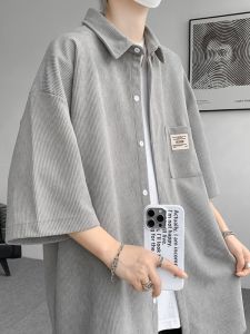 Corduroy Shirt Jacket Men Summer Thin Loose Casual Top Ins Hong Kong Style Loose Retro Short Sleeve Shirt American Style Boyish