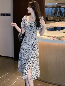 French Style Floral Print Chiffon Dress Womens Summer Slimming High Waist Knee-Length A-Line Skirt Short Sleeve Sweet Style