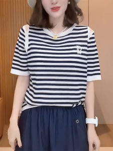 QINGNAER | Youthful Fresh Casual Japanese Style Striped Embroidered Off-shoulder Short Sleeve T-shirt