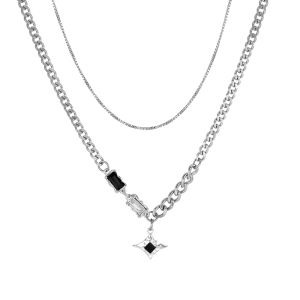 สร้อยคอจี้ผู้ชายสองชั้นคิวบา เสื้อสเวตเตอร์ โซ่ ฮิปฮอป อุปกรณ์เสริมเหล็กไทเทเนียม ทันสมัย เครื่องประดับล็อคกระดูกไหปลาร้า