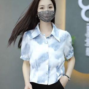 YOUFAN | Printed Short Sleeve Chiffon Blouse