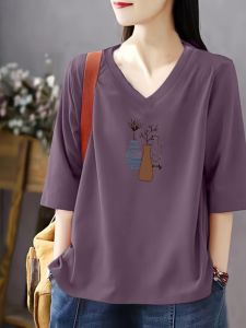 เสื้อยืดคอวีแขนสั้นผ้าฝ้ายแท้ทรงหลวมสำหรับฤดูร้อน เสื้อเชิ้ตผู้หญิงทรงหลวม ปกปิดหน้าท้อง ทรงเข้ารูป เสื้อเชิ้ตแขนสั้น