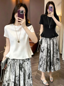 Youthful Short Sleeve T-Shirt and Ink Print Midi Skirt Set