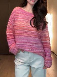 QINGNAER | Colorful Pink Striped Soft Warm Knit Sweater Large Size