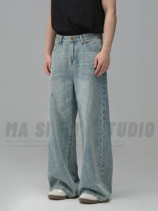Retro American Washed Design Straight Leg Wide Leg Jeans Men Slimming Loose Drapey Denim mid Waist Zipper Closure Cotton Blend